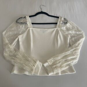 Mixed Threads White Square Neck Top with Floral Lace Sleeves - Size M